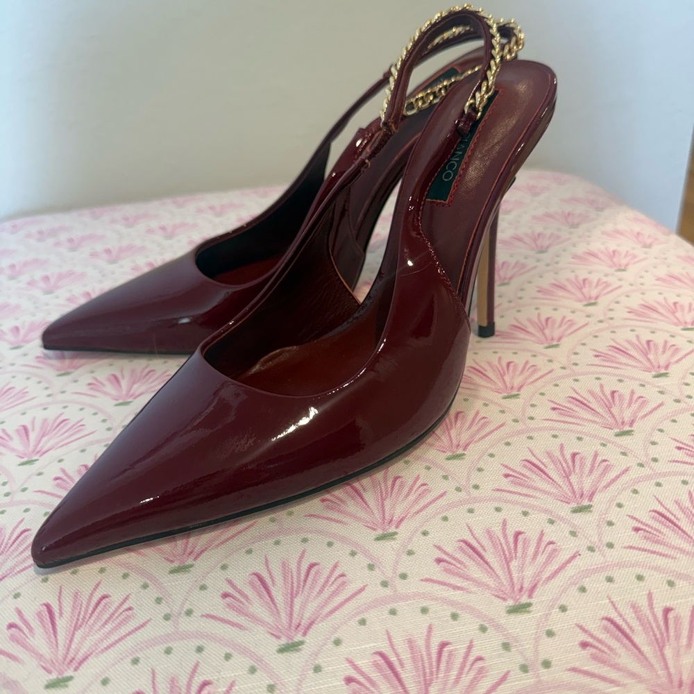 Tony Bianco Burgundy Patent Slingback Pumps with Gold Chain - Picture 6 of 6